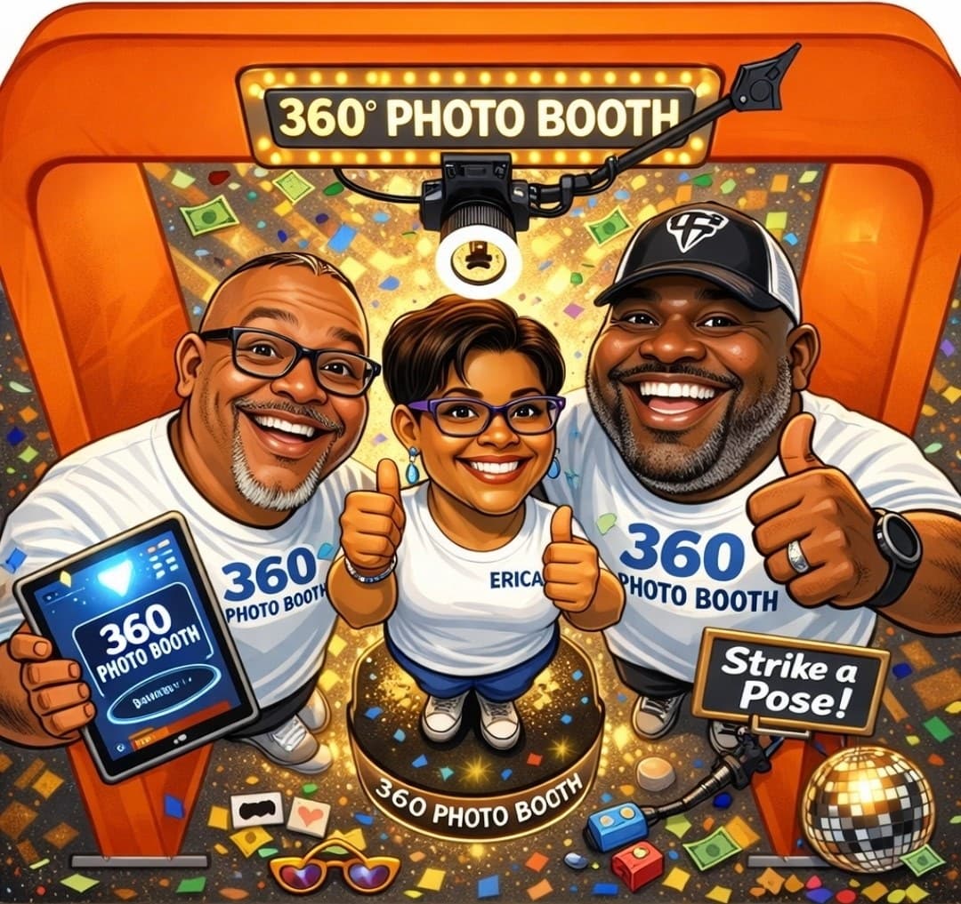 Illustrated caricature of the R.E.R. 360 Photo Booth team at a 360 booth.
